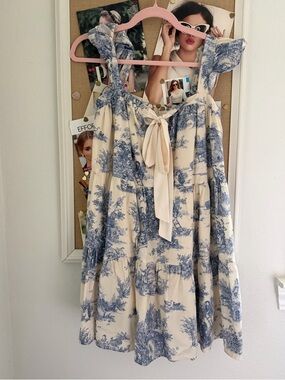 Cute Blue & Cream Toile Print Sundress with Bow